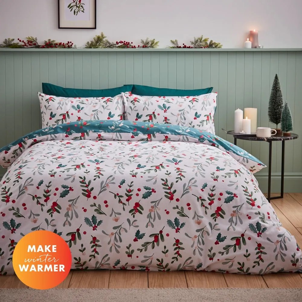 Bielo-zelené flanelové obliečky na dvojlôžko 200x200 cm Holly and Mistletoe – Catherine Lansfield
