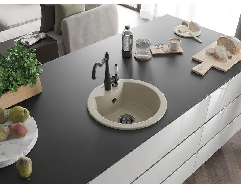 Mexen Diego, granitový drez 488x488x167 mm, 1-komorový a drezová batéria Carla, béžová, 6512-69-670700-70