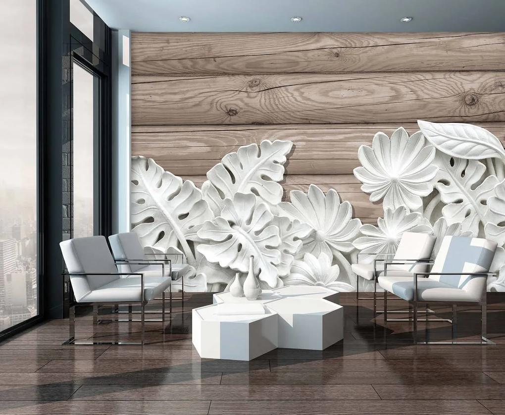 Fototapeta - Alabastrovo biele kvety na drevených doskách (152,5x104 cm)