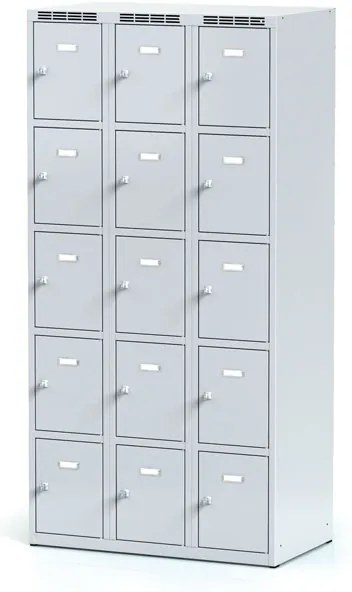 Alfa 3 Šatníková skrinka S6 s úložnými boxami, 15 boxov, 1800 x 900 x 500 mm, cylindrický zámok, sivé dvere