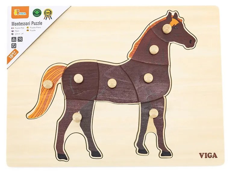 Detské drevené puzzle s úchytmi Montessori Viga Koník