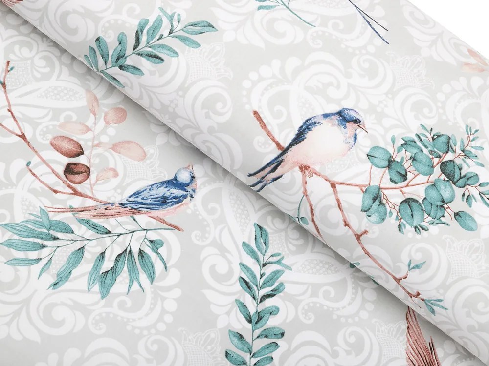 Biante Bavlnený záves Sandra SA-471 Lastovičky s motýlikmi na svetlo sivom ornamente 150x150 cm