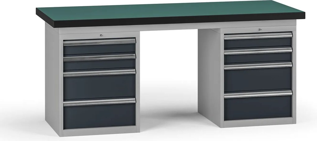 Pracovný stôl do dielne G8, 1800 x 750 x 800 mm, 2x kontejner, 8 zásuviek, grafit