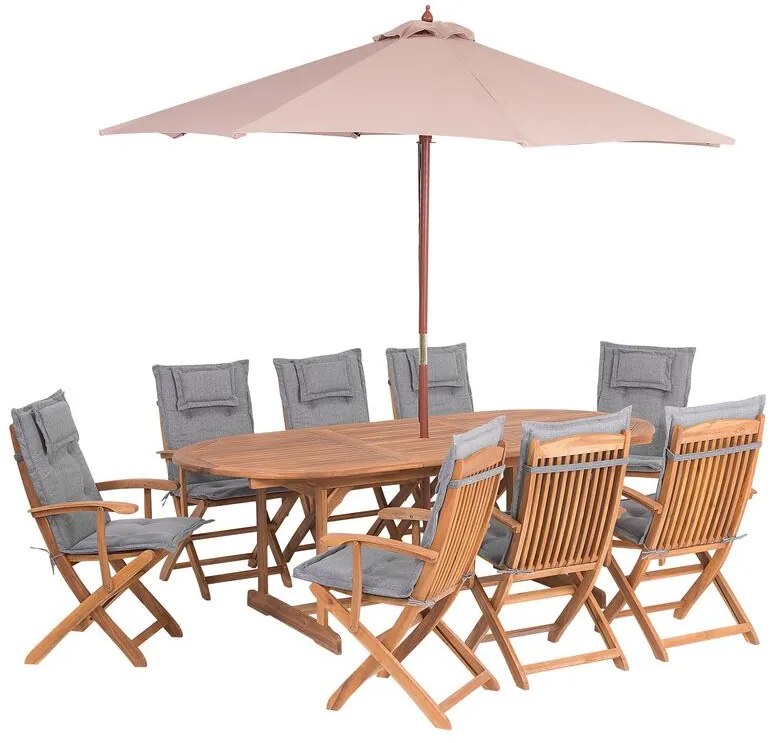 Záhradný stôl a 8 stoličiek so sivými vankúšmi a dáždnikom MAUI Beliani