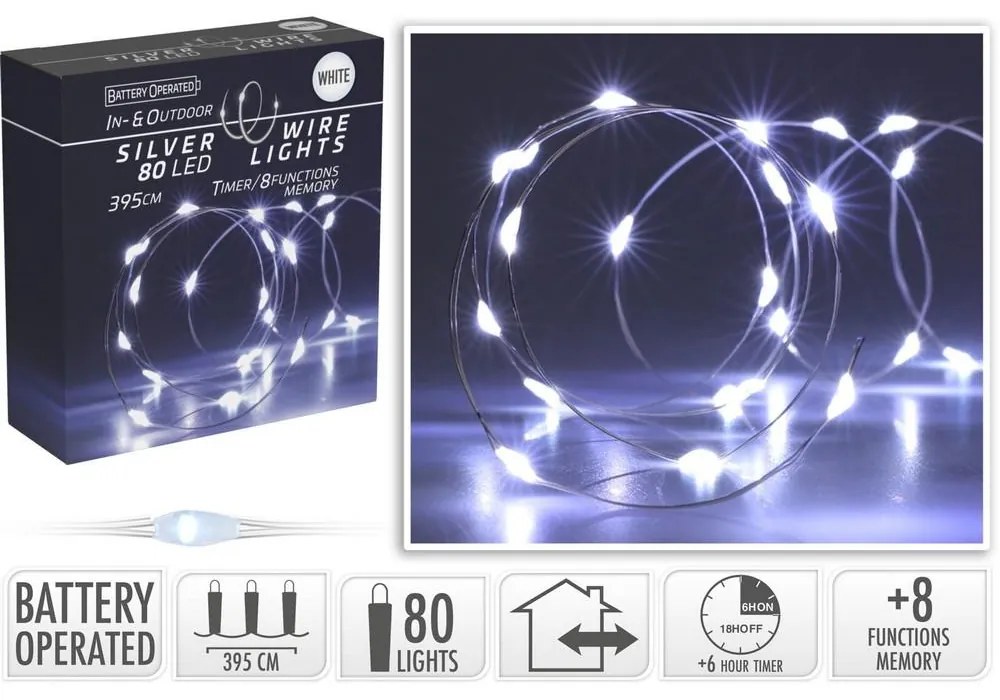 LED SVETIELKA /80/drôt BO SILVER WIRE W,IND/OUT, TIMER, 8FUNK AX9730720