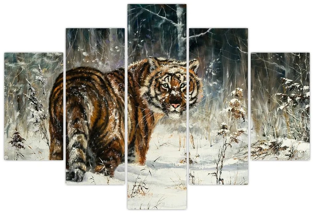 Obraz - Tiger v zasneženom lese, olejomaľba (150x105 cm)