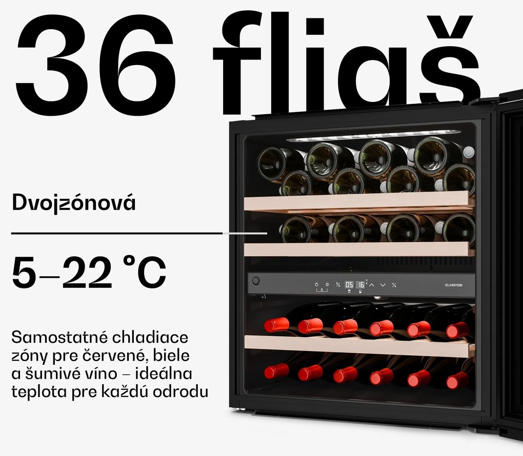 Klarstein Velaire vstavaná chladnička na víno, Moderná, elegantná, UV ochrana, Dvojzónová, 36 fliaš