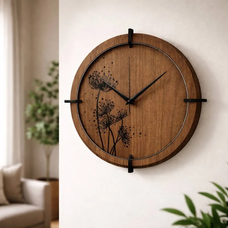 Drevené hodiny Wenge s čiernym kvetinovým motívom | SENTOP HDF0586-ORECH-WENGE