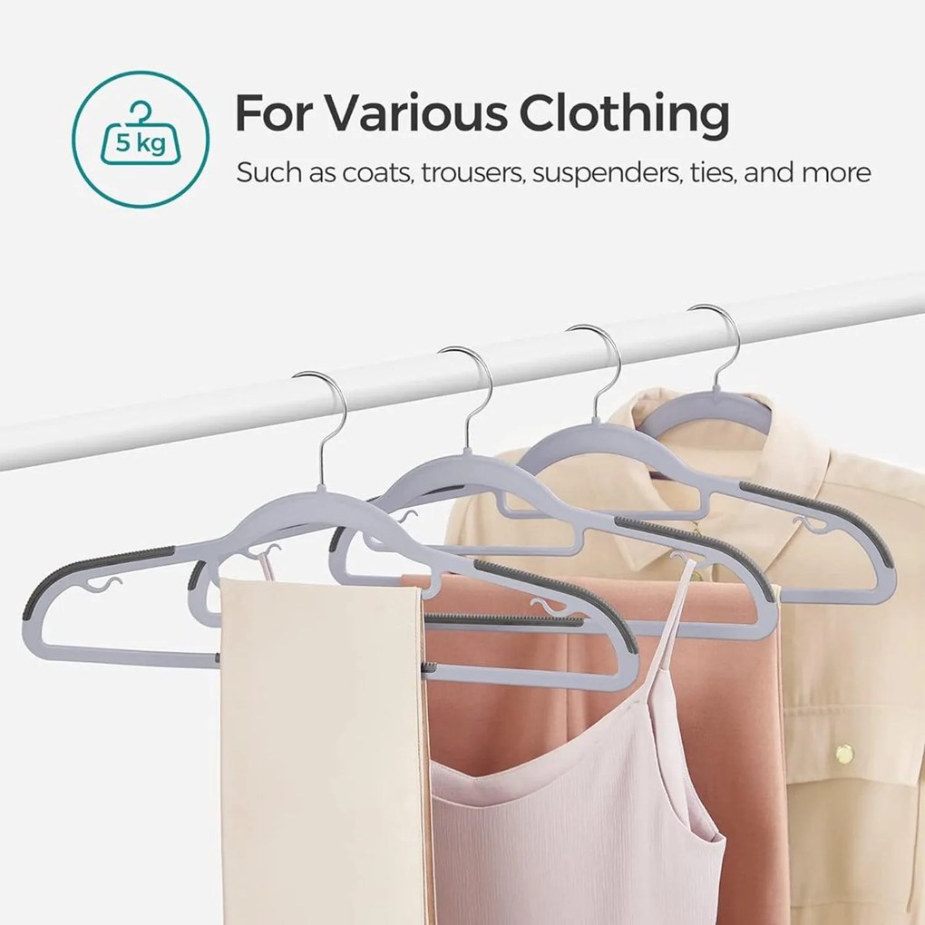 Vešiaky na šaty, odolné plastové ramienka, balenie 50 kusov, sivé