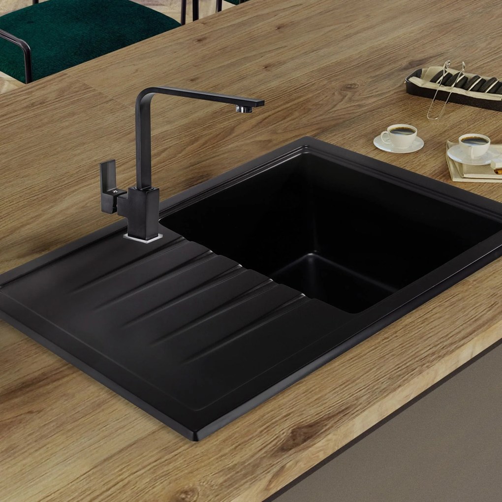Sink Quality Titanite, kuchynský granitový drez 680x495x215 mm + čierny sifón, čierna, SKQ-TIT.C.1KKO.XB
