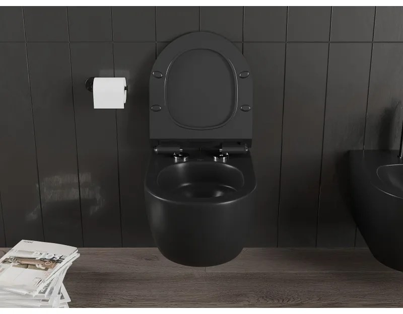 Mexen Carmen, závesná WC misa 490x365x340 mm, Rimless Tornádo + WC sedadlo z duroplastu, čierna matná, 30880185T