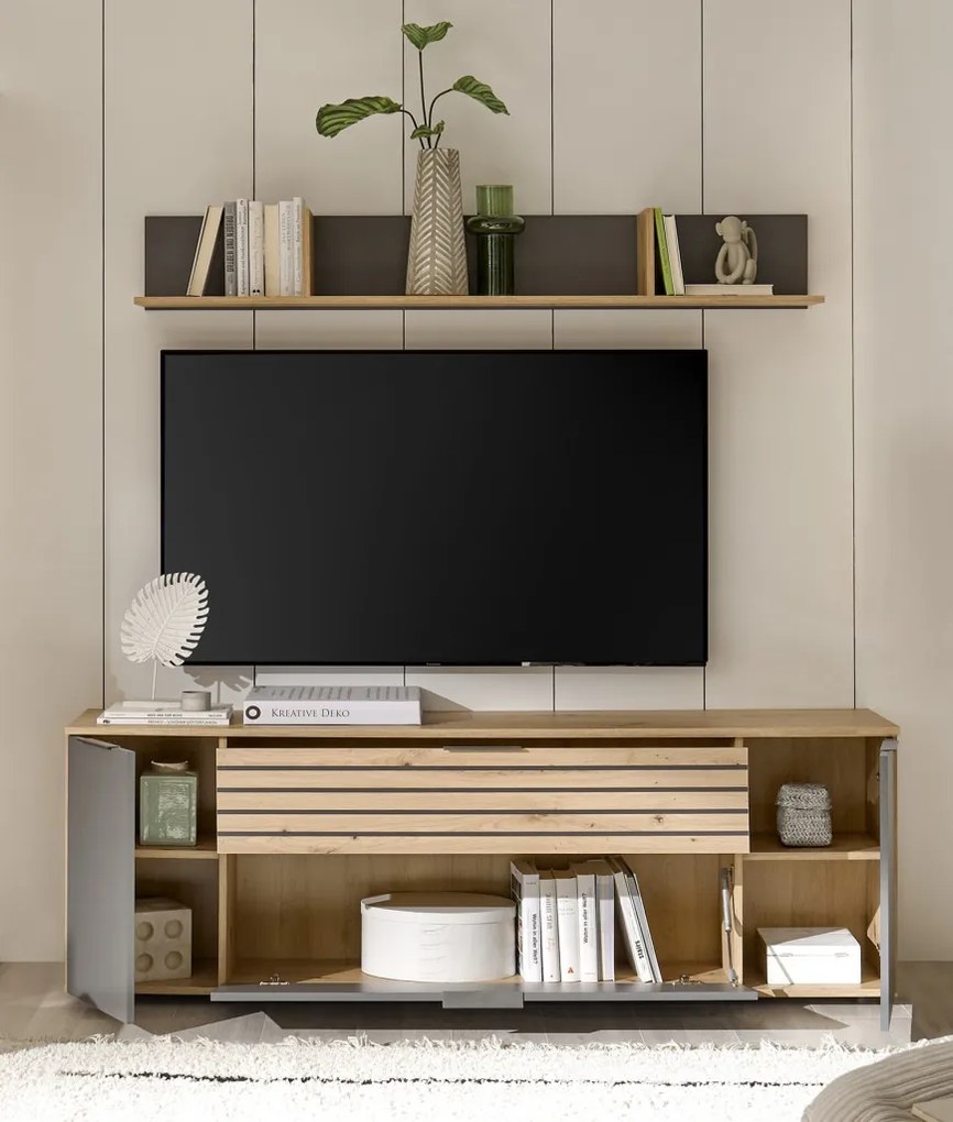 Obývacia stena Milan, dub artisan/sivá, s osvetlením