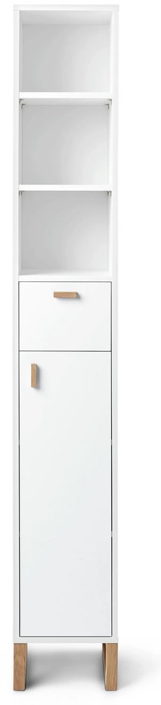 Vysoká kúpeľňová skrinka s otvorenou poličkou, zásuvkou a dvierkami, úzka