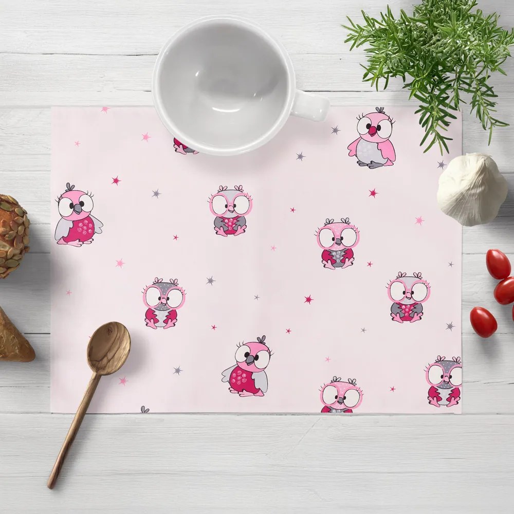 Biante Detské bavlnené prestieranie na stôl Sandra SA-726 Ružové sovičky na bledo ružovom 35x45 cm
