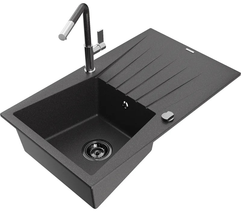 Mexen Cesar, 1-komorový granitový drez 775x470x190 mm a drezová batéria Flora, čierna škvrnitá, 6514-76-670401-08-B