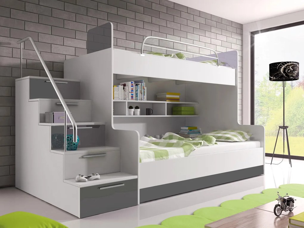 Poschodová posteľ Paradise II, Farby: biela / biely lesk + šedý lesk, Strana: pravá