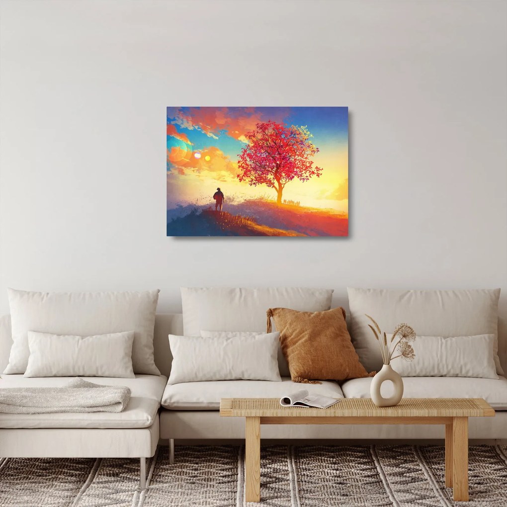 Sklenený obraz stromu na kopci (70x50 cm)
