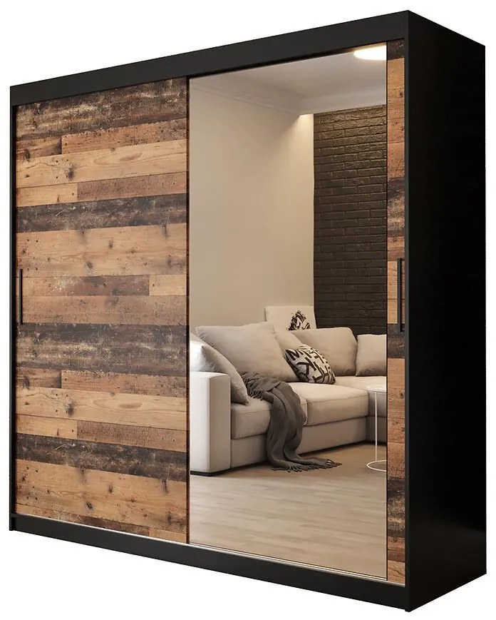 Skriňa Old Wood T2 200 Čierna/Old Style/zrkadlo