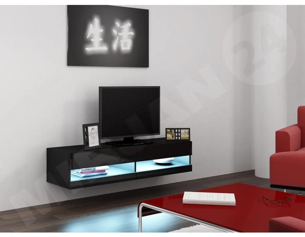 TV stolík Zigo New 140, Osvetlenie: osvetlenie LED modré, Farby: čierny / čierny lesk