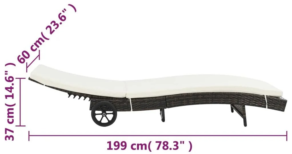 Záhradné ležadlo s kolieskami a podložkou, polyratan, 2 farby