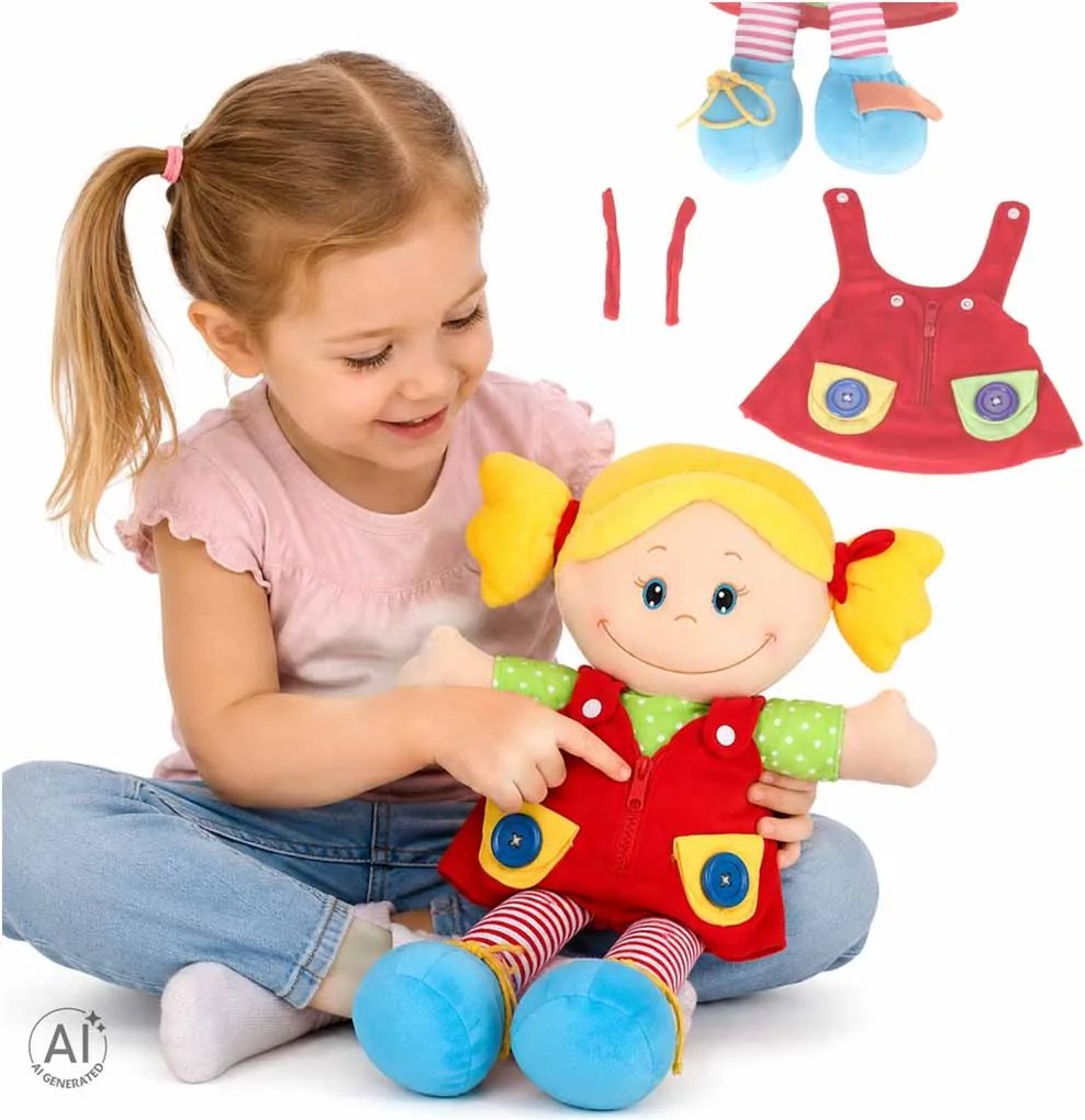 Látková senzorická bábika KIK na učenie obliekania, 46 cm