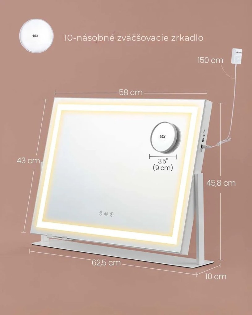 Kozmetické zrkadlo DAHLIA s LED osvetlením, 10x62,5x45,8cm, biela SongmicsHome