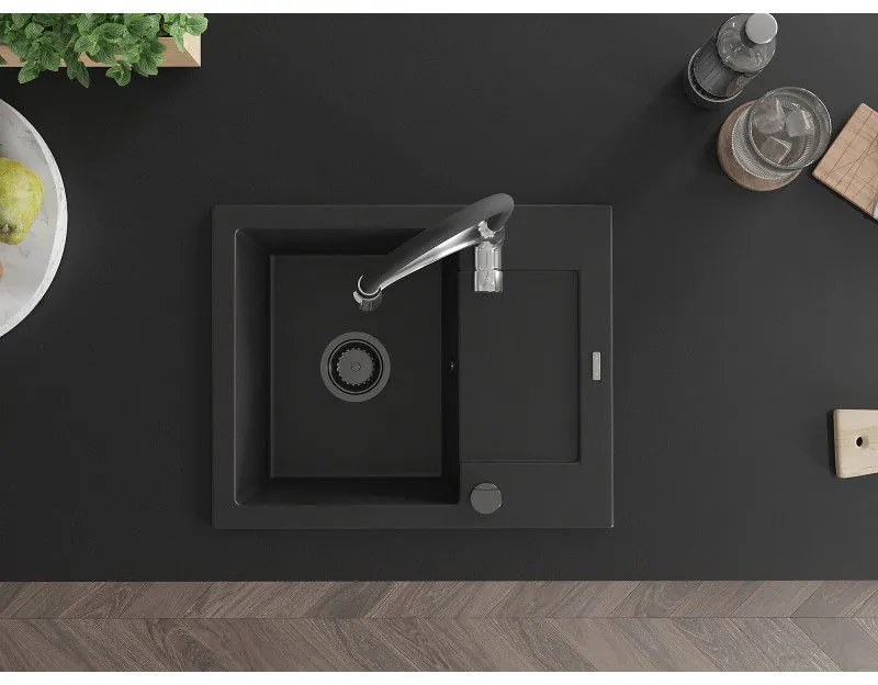 Mexen Enzo, 1-komorový granitový drez 576x465x174 mm a drezová batéria Aster, čierna, 6506-77-73450-07-B