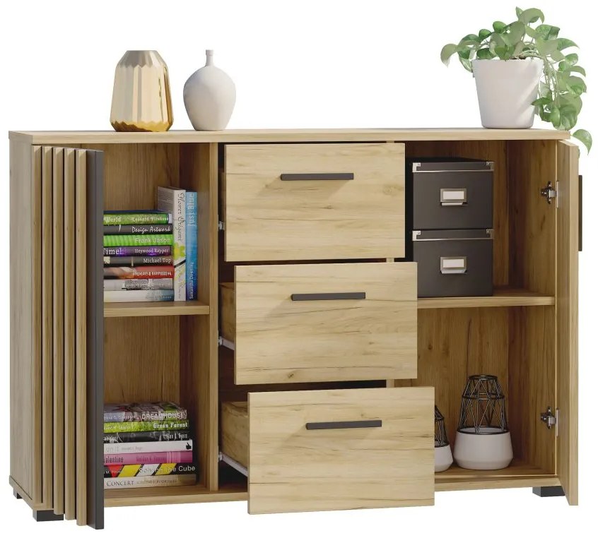 Komoda 120 cm, farba dub craft so zásuvkami a úchytkami