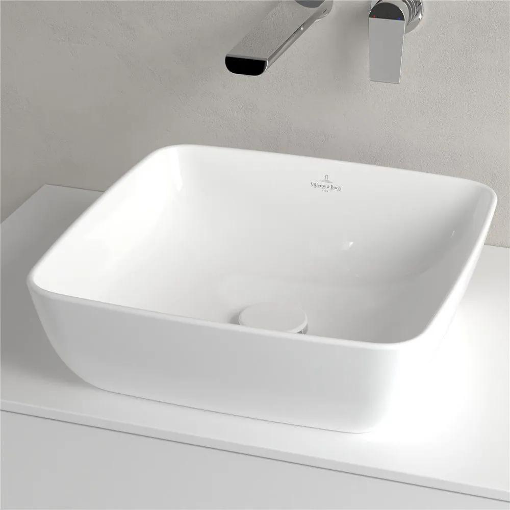 VILLEROY &amp; BOCH Artis štvorcové umývadlo na dosku bez otvoru, bez prepadu, 410 x 410 mm, Stone White, s povrchom CeramicPlus, 417841RW