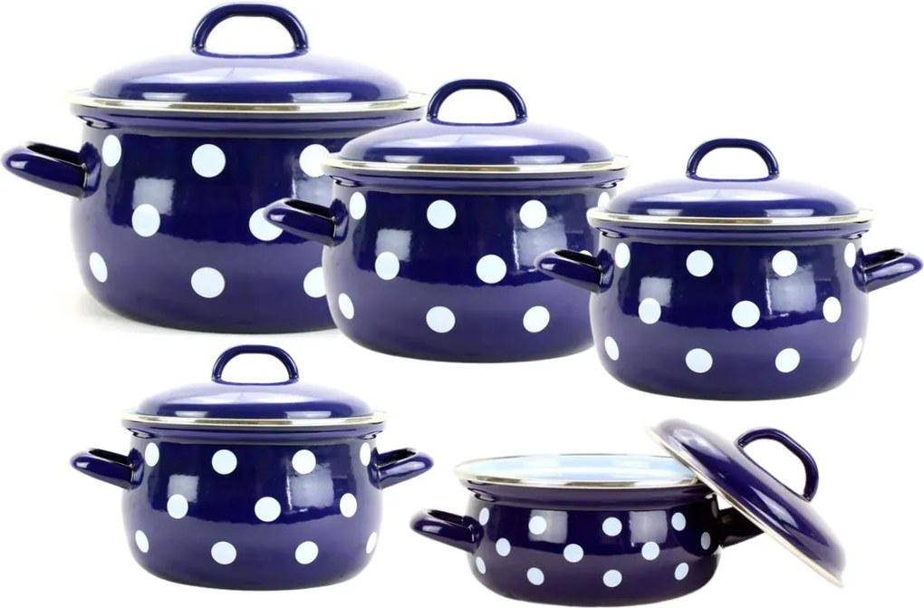 BELIS súprava smaltovaných hrncov modrá s bielymi bodkami 10-dielna