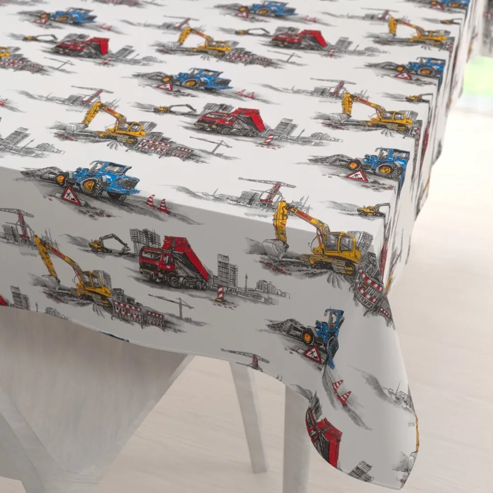 Biante Detský bavlnený obdĺžnikový obrus Sandra SA-578 Nákladiaky a bagre na bielom 50x100 cm