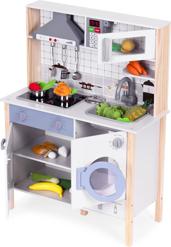 Drevená interaktívna kuchynka pre deti 3+ s LED, zvukmi, rúrou a práčkou ECOTOYS