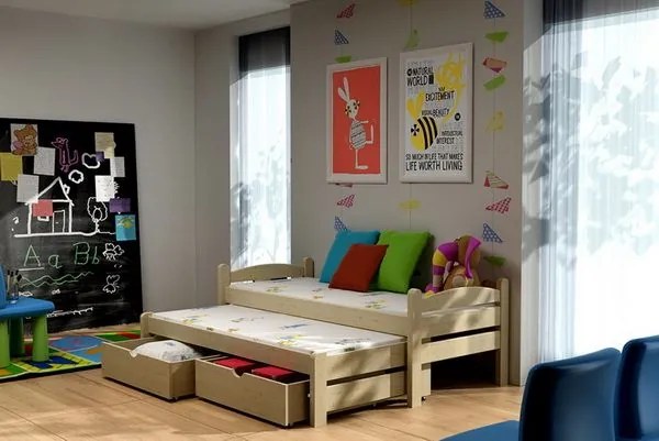 MAXMAX Detská posteľ s výsuvnou prístelkou z MASÍVU 200x90cm SO ZÁSUVKAMI - DPV010