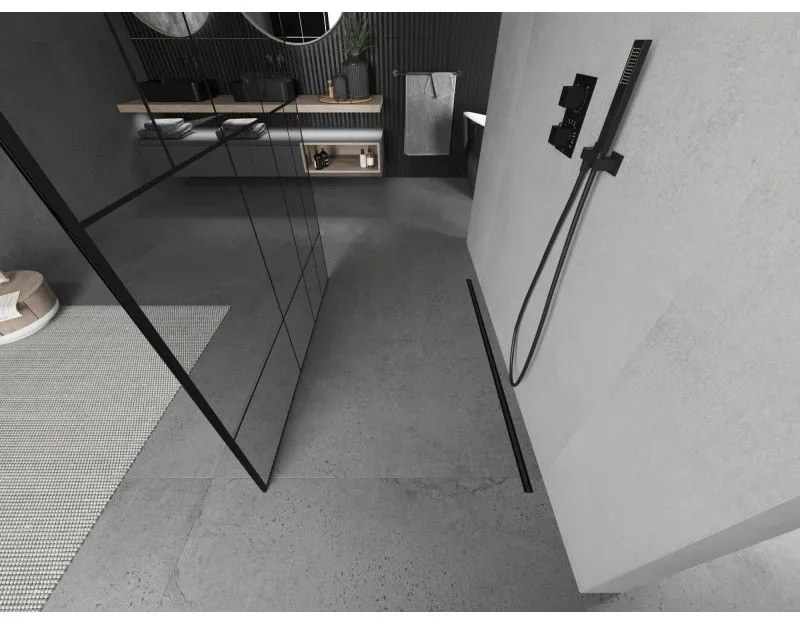 Mexen Kioto, priechodná sprchová zástena 140 x 200 cm, 8mm sklo číre/čierny vzor, 2x čierna stabilizačná rozpera, 800-140-002-70-78