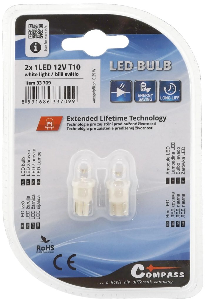 Compass Žárovka 1LED 12V T10 bílá 2ks 33709