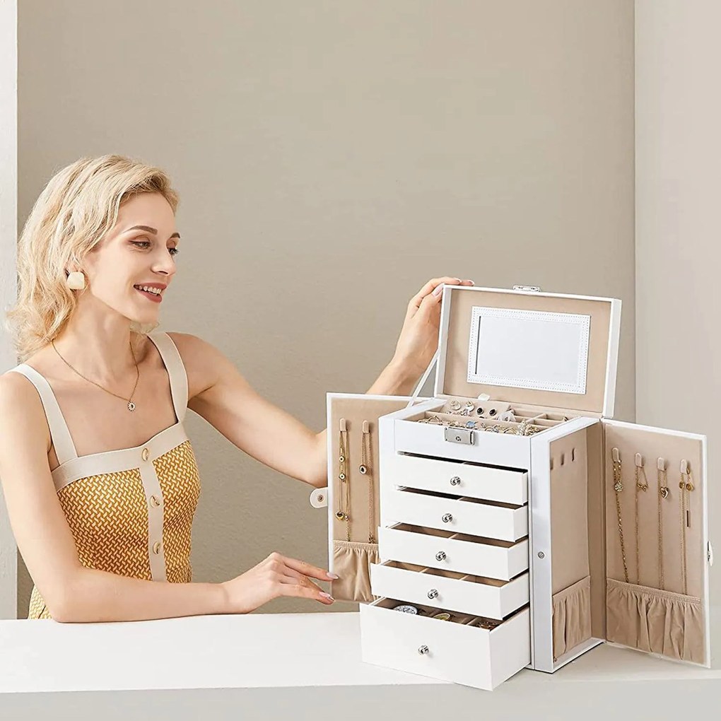 Šperkovnica 6-poschodová so zásuvkami, zrkadlom, uzamykateľná, biela krémová