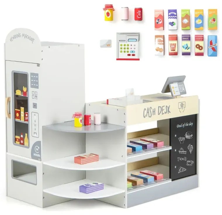 Hracia súprava detského supermarketu s pokladňou a pokladničným automatom a predajným automatom a tabuľou šedá