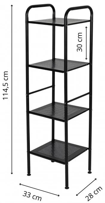 Erga Lexa, kúpeľňový kovový regál so 4 policami 28x33x114,5 cm, čierna matná, ERG-YKA-P.LEXA-4-BLK