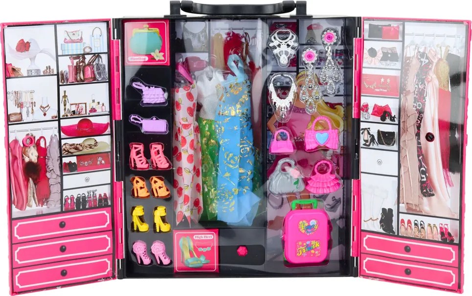 LEAN Toys Ružová šatníková súprava pre bábiky, šaty, topánky, doplnky