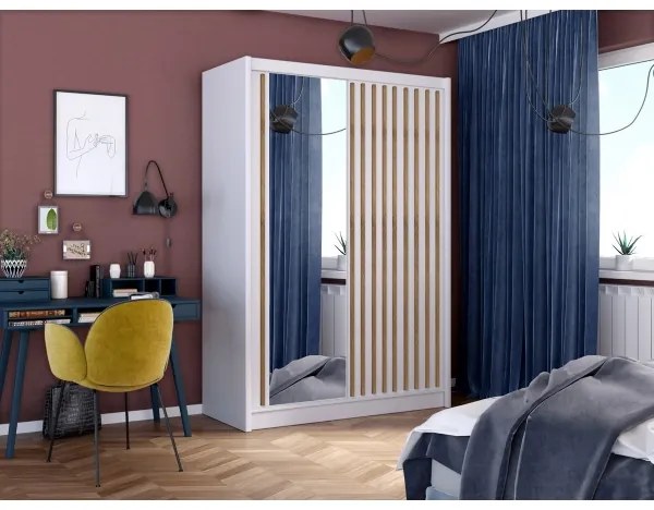 Šatníková skriňa so zrkadlom SANTINO 150x215 cm biela/dub craft
