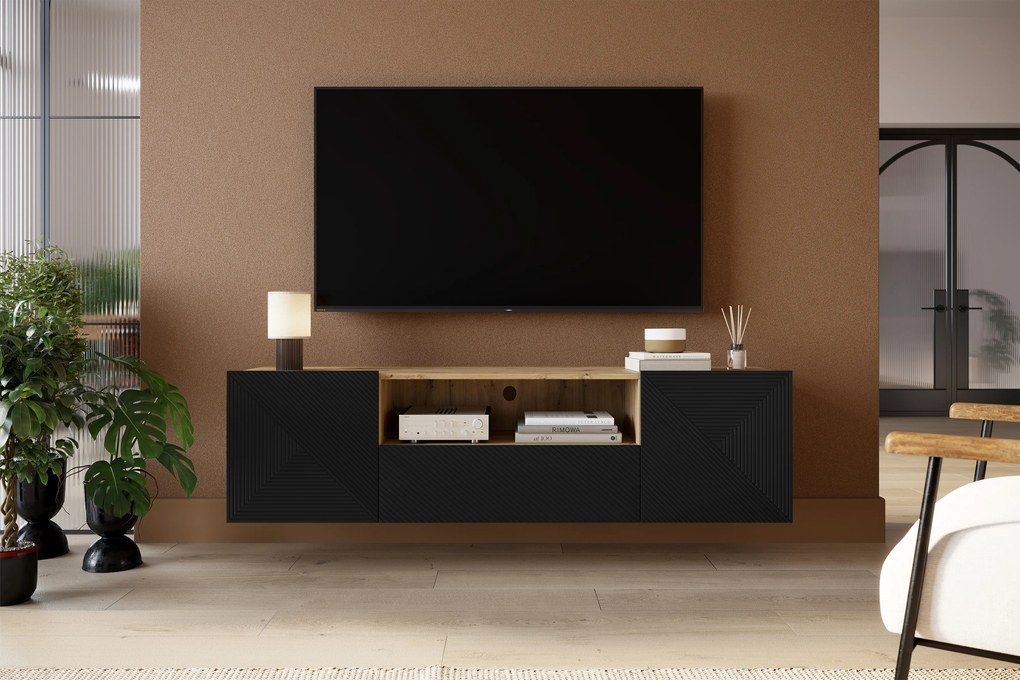 Závesný TV stolík Asha 167 cm s otvorenou policou - artisan / čierny mat