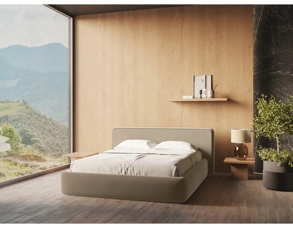 Svetlohnedá čalúnená dvojlôžková posteľ s úložným priestorom s roštom 140x200 cm Kiana – Makamii