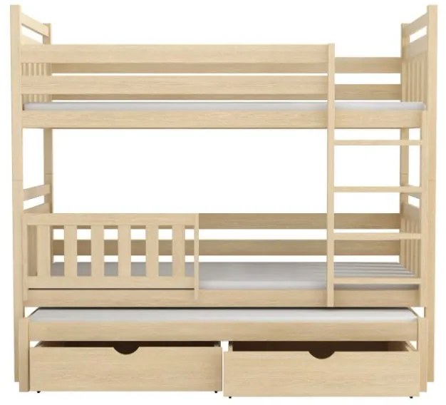 Detská poschodová posteľ z masívu borovice PETR s prístelkou a šuplíky - 200x90 cm - PRÍRODNÁ BOROVICA