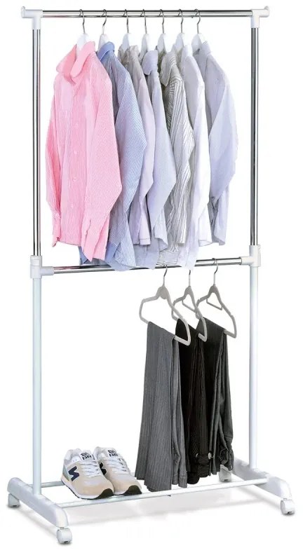 Stojan na šaty dvojramenný s odkladačem, bílá barva, kov / plast, chrom