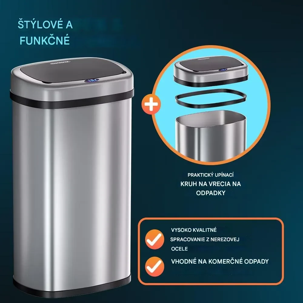 InternetovaZahrada Bezdotykový hranatý odpadkový kôš s USB 58 L - strieborný