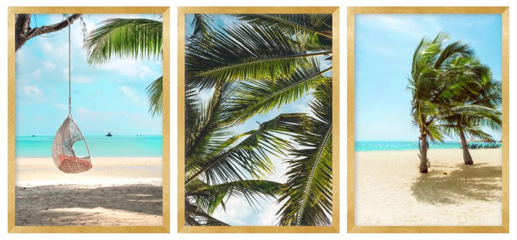 Gario Sada plagátov Morská pláž - 3 dielna Farba rámu: Rustikálna, Veľkosť: 99 x 45 cm