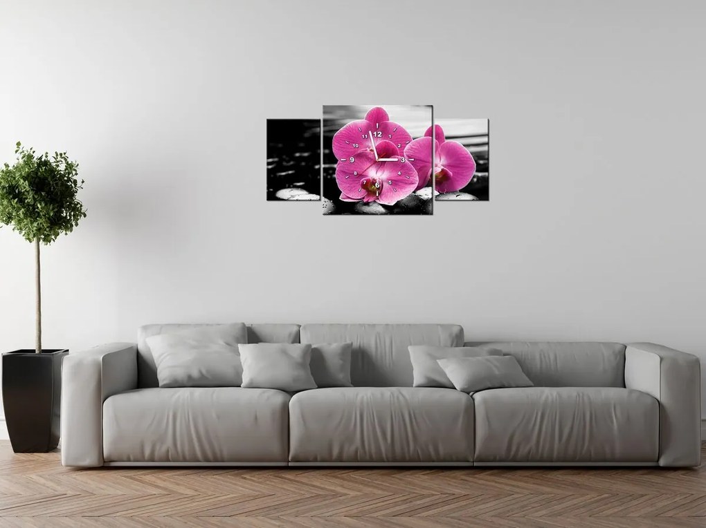 Gario Obraz s hodinami Krásna orchidea medzi kameňmi - 3 dielny Rozmery: 80 x 40 cm