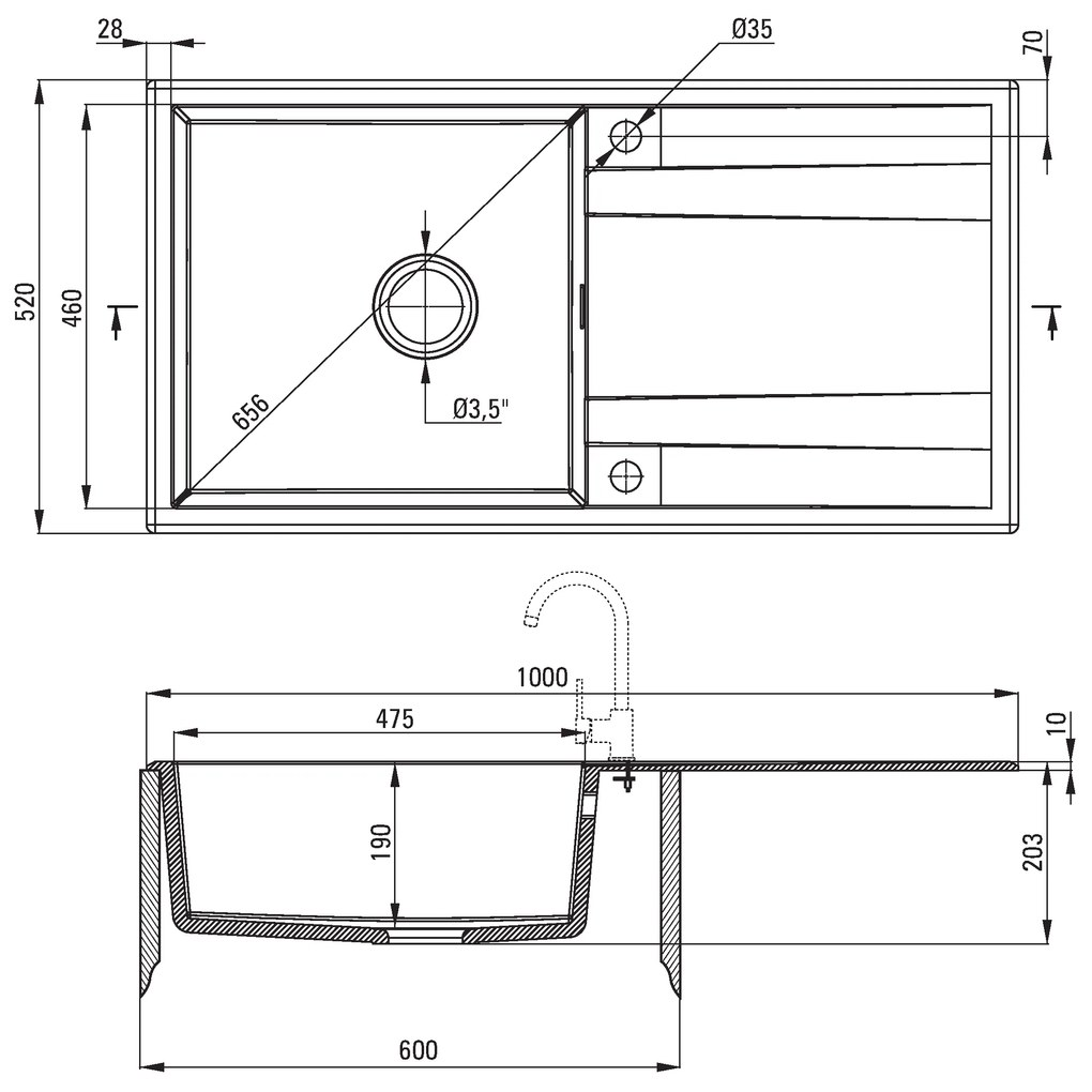 Deante Eridan, granitový drez na dosku 1000x520x203 mm Z/O, 3,5" + priestorovo úsporný sifón, 1-komorový, grafitová metalíza, ZQE_G713