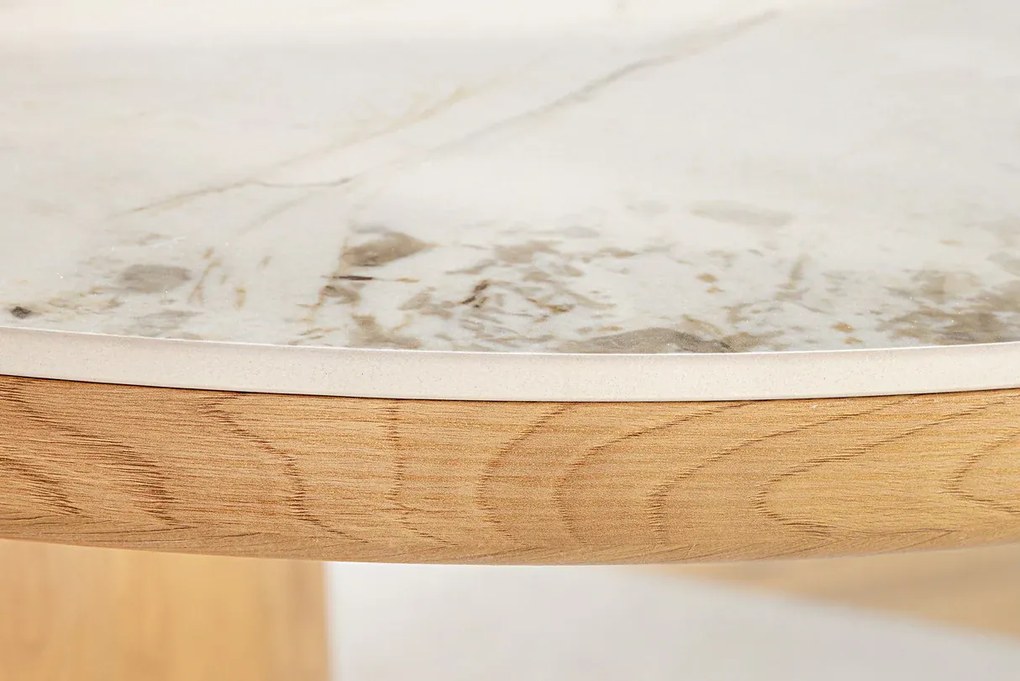 Jedálenský stôl UNIQUE 200 cm oválny rám z dubového dreva s dyhovanou keramikou a doskou z bieleho mramoru