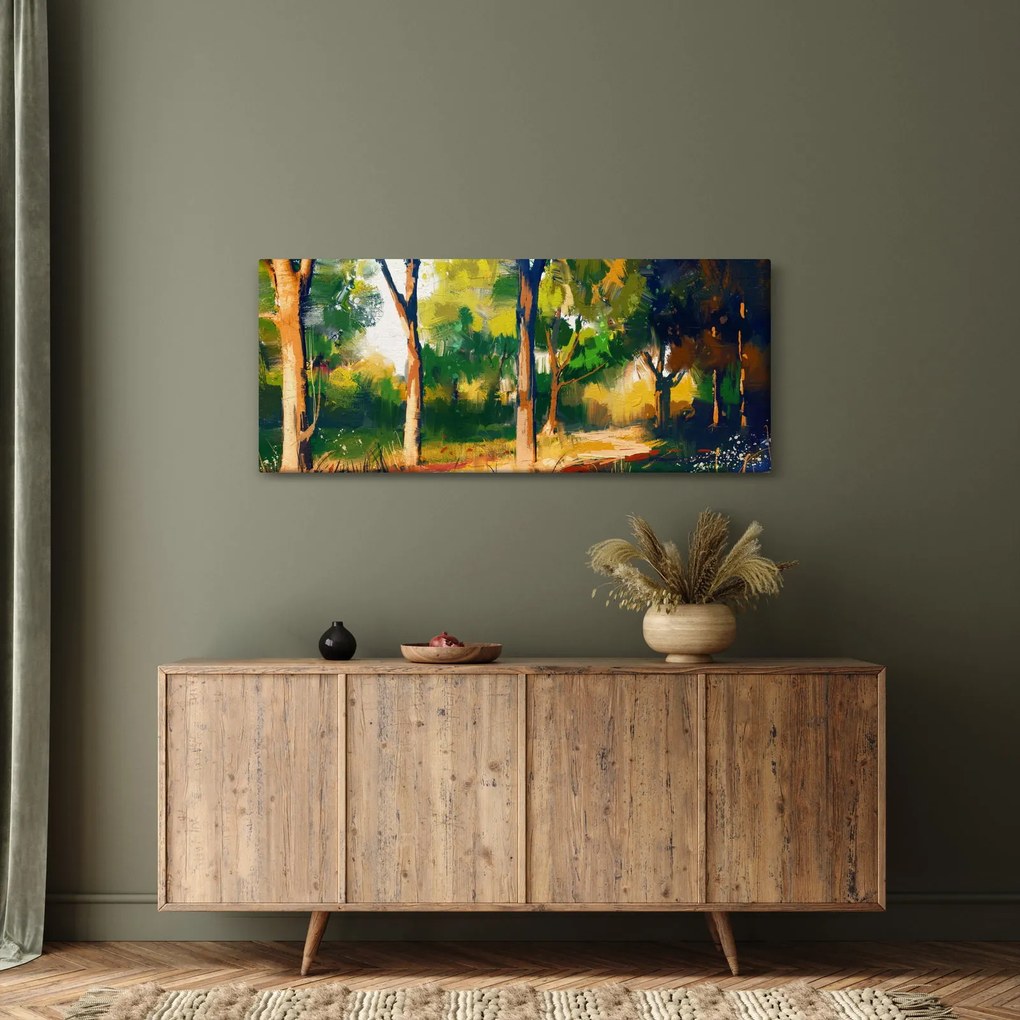 Obraz lesa v letnom slnku, maľba (120x50 cm)